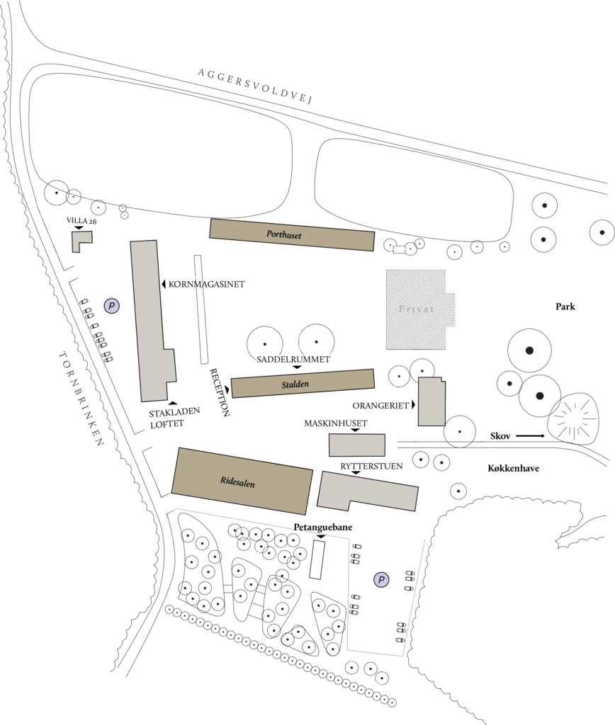 Overview map of Aggersvold Gods showing the location of buildings and outdoor areas