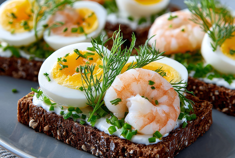 Smørrebrød med rejer og æg