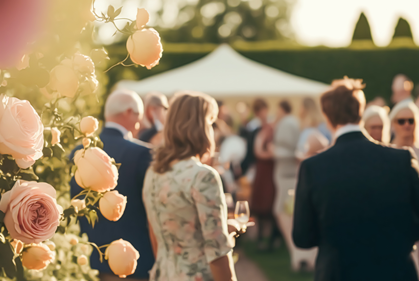 Gæster samles til bryllupsreception i haven